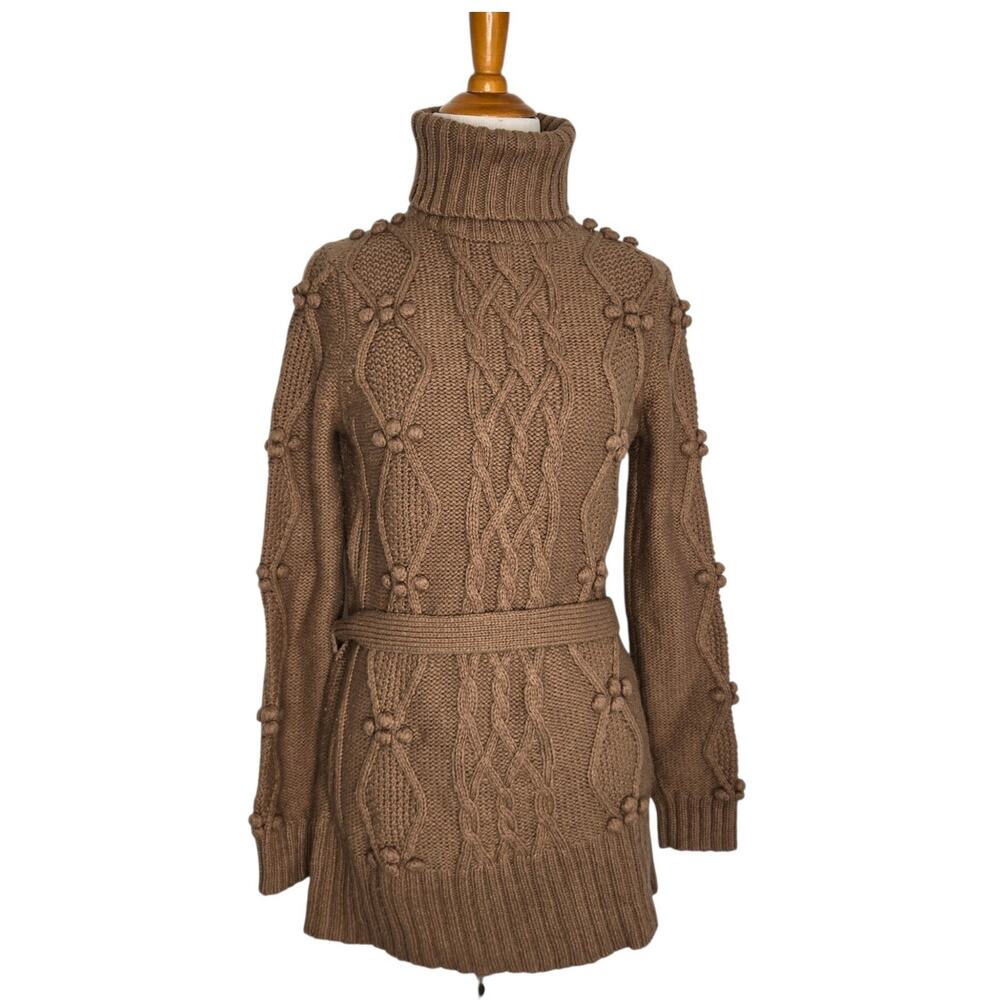 Loft Womens Lambswool Blend Tunic Sweater Cable Knit Granola Belted Poms Small P